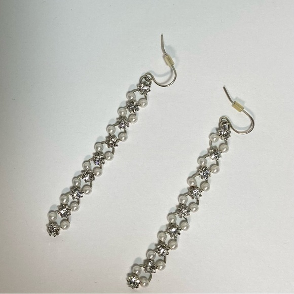 Silver tone women pearl and white rhinestone long drop earrings. Used. - Picture 1 of 5
